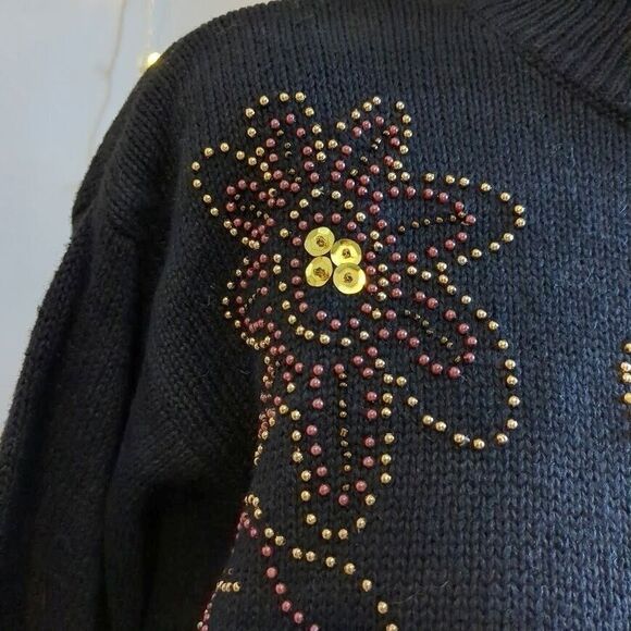 NWT Vintage 90s Cezanne Sweater Mock Neck Beaded Floral Black Size Small - Picture 7 of 9